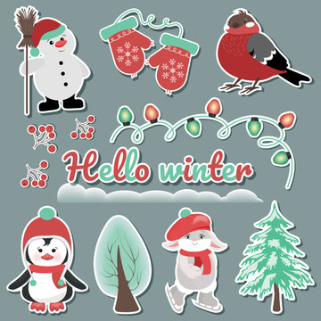 Cute winter stickers with funny animals. Winter, New Year, holiday. Vector illustration.