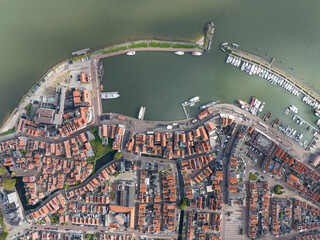 Volendam, Netherlands. Top down overview of traditional dutch fishing village city traditional...