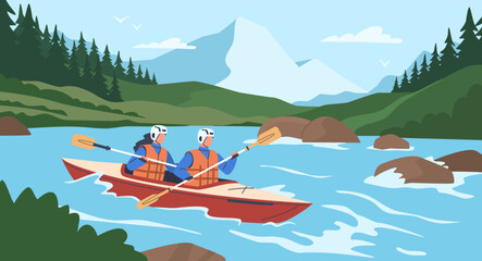 Extreme people. Rafting and kayaking sport, couple in boat, stormy river, adrenaline release, canoeing athletes, man and woman with oars, active leisure nowaday vector cartoon concept - obrazy, fototapety, plakaty