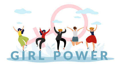Feminism, symbol womens equality, fight against social stereotypes. Huge letters and feminine sign, happy girls jumping. Female power and solidarity trendy poster. Vector cartoon concept