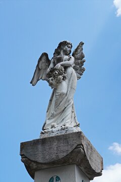 Vertical shot of a young female angel statue with spread wings holding flowers.  Female sculpted stone body with blue background.   