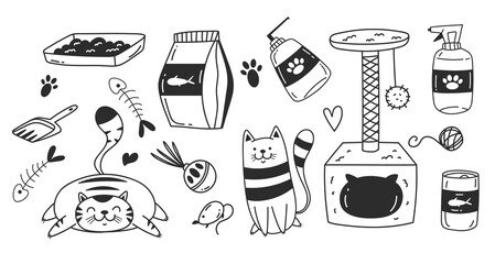 Pet cat salon care tool line sketch design element abstract set. Vector graphic design illustration