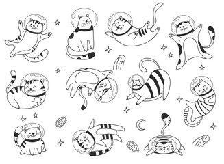 Space astronaut space cute cat pet line art isolated concept set. Vector graphic design element illustration