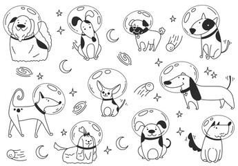 Space dog puppy astronaut cosmonaut universe travel line art doodle style abstract concept. Vector graphic design element illustration