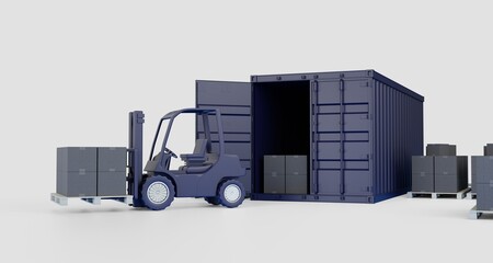 Platform for unloading a cargo container. The work of the loader for the benefit of the logistics company. Black boxes on a pallet. Premium illustration. 3d rendering.