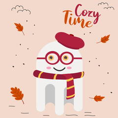 Cozy Time is a cute flat design Ghost  with Glasses  
, Beret and Scarf. Background Leaf and Clouds