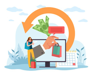 Retail process, exchange of goods for finance, cancellation of transaction using receipt and warranty card. Shopping process, tiny woman buying products in online shop. Vector concept