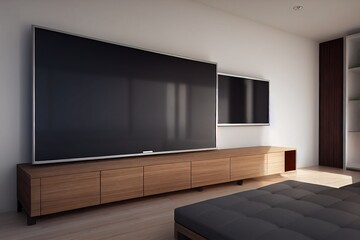 TV stand near wooden wall of bright living room and sofa against cabinet in modern house or apartment. Home interior 3d rendering with empty television shelf for template.