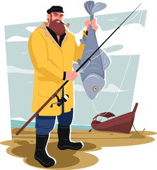 A man fishing with a fishing rod and a fish in his hand returned by boat from the sea. Recreational concept, fishing in the ocean, catch. Stock vector illustration.