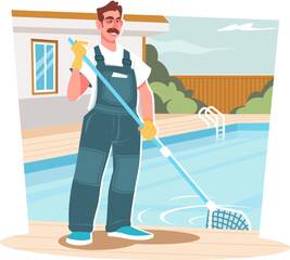 A male pool cleaner in uniform holds a net to catch debris from the water. Concept of clearing services for home pools in flat style. Stock vector illustration