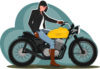 Fototapeta na wymiar A biker girl in a black jacket sitting on a motorcycle. Concept of a woman on a bike in flat style. Stock vector illustration.