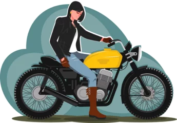 Foto op Plexiglas A biker girl in a black jacket sitting on a motorcycle. Concept of a woman on a bike in flat style. Stock vector illustration. © Oleksii