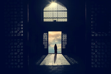 Silhouette of a Muslim woman in a hijab on the background of traditional architecture and sunset. Iran. - 540533961