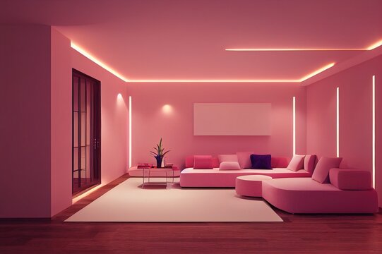 Abstract interior design.living area and bedroom with architectural elements in pink tone, circular arc, round opening and concrete floor.3d rendering
