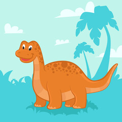 Cartoon orange dinosaur on a blue background. Prehistoric time
