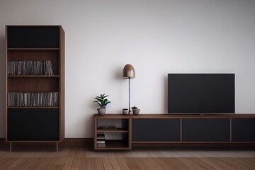 Cabinet TV in empty interior room ,dark wall with wood shelf,lamp ,plants and table wood ,3d rendering