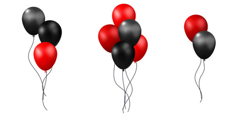 3d vector collection of red and black bunch of Black friday and birthday air balloons decorative element design. Cartoon render ballon for Holiday greetings, discount sale, grand opening festive isola