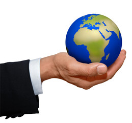 Gesture series: hand symbolically holds the globe.
