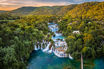 Krka, Croatia - Aerial panoramic view of the beautiful Krka Waterfalls in Krka National Park on a...