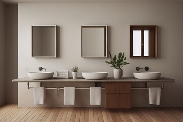 Comfortable double sink with two round mirrors standing on wooden countertop in modern bathroom with white walls and concrete floor. 3d rendering