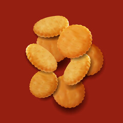 Realistic Detailed 3d Round Saltine Cracker Set Snack Food on a Red Background. Vector illustration of Crackers