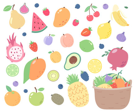  Fruits collection. Natural tropical fruits in basket. Hand drawn vector illustration in flat cartoon style. Colorful doodle design. 