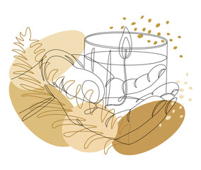 Silhouettes of human hands with a candle and plant leaves in a modern single line style. Continuous line drawing, home decor outline, posters, wall art, stickers, logo. Vector illustration.