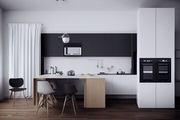 Scandinavian contemporary style kitchen with eating area and simplistic accents. 3d rendering