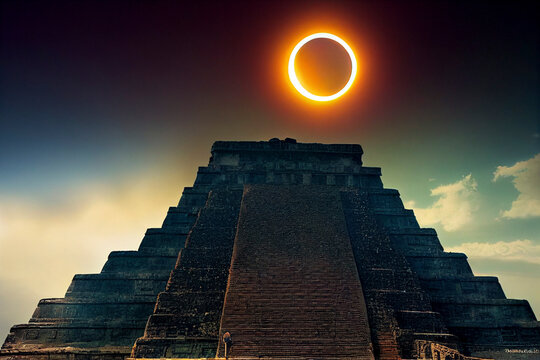 Eclipse over a Mayan temple illustration