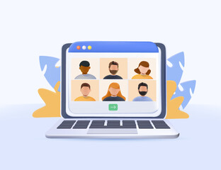 people connecting together, learning or meeting online with teleconference, video conference remote working on laptop