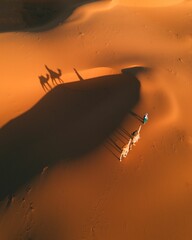 Vertical aerial shot of a camels and men moving in a desert