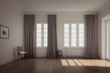 Obraz premium Classic empty interior with white wall, wood floor, window and curtain. 3D render illustration.