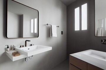 Fototapeta na wymiar Large mirror over vessel sink in stylish bathroom interior