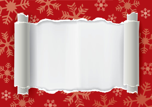 
Ripped christmas paper, red frame, banner template.
Snowflakes background with torn paper. Place for your text or image. Vector available.