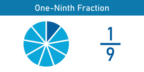 One-ninth fraction circle with fraction number. Fraction parts. Numerator, denominator and dividing line. Scientific vector illustration isolated on white background.