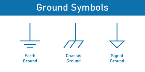 Three different grounds symbols. Electrical symbols. Protective earth ground symbol. Earth ground, chassis ground, signal ground. Scientific vector illustration isolated on white background.