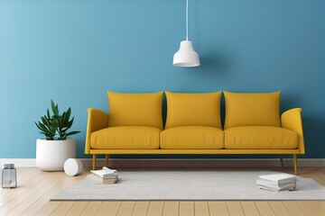 Minimalist room interior,yellow sofa with white lamp and plant on blue wall 3d render