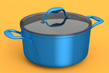 Stainless steel stewpot and chrome plated aluminum cookware on yellow background