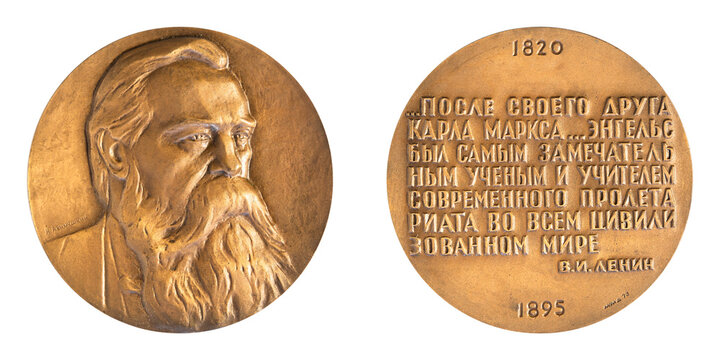 Jubilee medal large desktop medallion famous German politician and philosopher Friedrich Engels close-up illustrative editorial