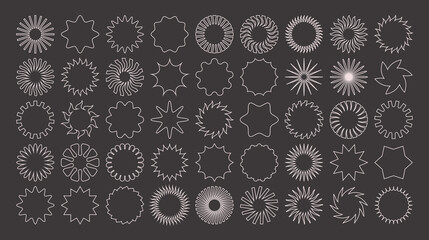 Set of simple vector objects in a modern style, contemporary figures of the sun, flowers and stars, square and round shapes, linear with strokes and full