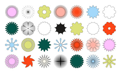Set of simple vector objects in a modern style, contemporary figures of the sun, flowers and stars, square and round shapes, linear with strokes and full