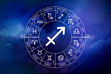 Naklejka na ściany i meble Sagittarius zodiac sign. Abstract night sky background. Sagittarius icon on blue space background