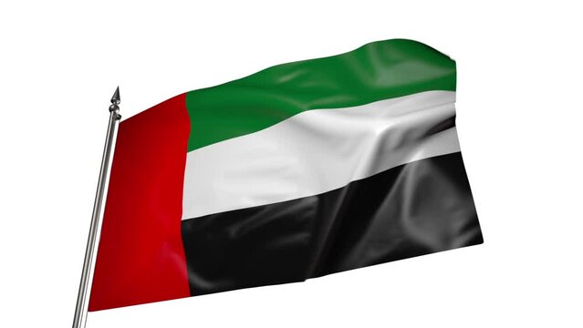 Flag of the United Arab Emirates on a flagpole. Animation 3D white background