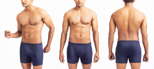 Collage different angle view of a muscular man wearing underwear isolated on white background....