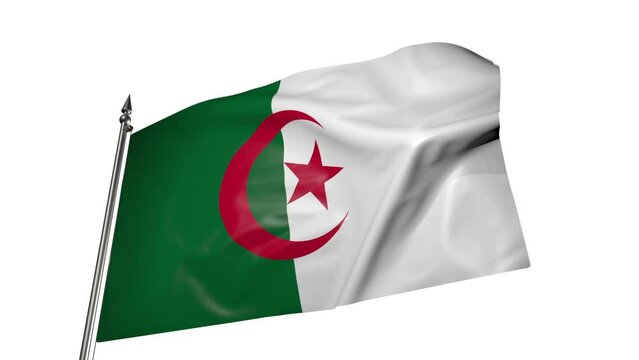 Flag of Algeria on a flagpole. Animation 3D on a white background