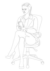 Silhouette of a girl in a modern single line style. A woman is sitting on a chair, talking on the phone. Continuous line, outline, posters, wall art, stickers, logo. Vector illustration.