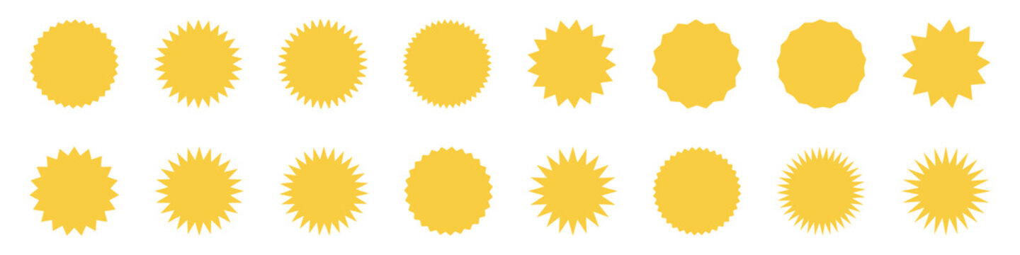 Yellow shopping labels collection. Special offer price tag. Sale or discount sticker. Supermarket promotional badge. Sunburst icons. Stock vector.