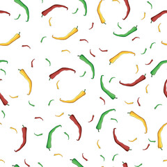 Fototapeta premium hot chili seamless pattern on white background, yellow red green hot pepper in chaotic order, hot pepper design for kitchen
