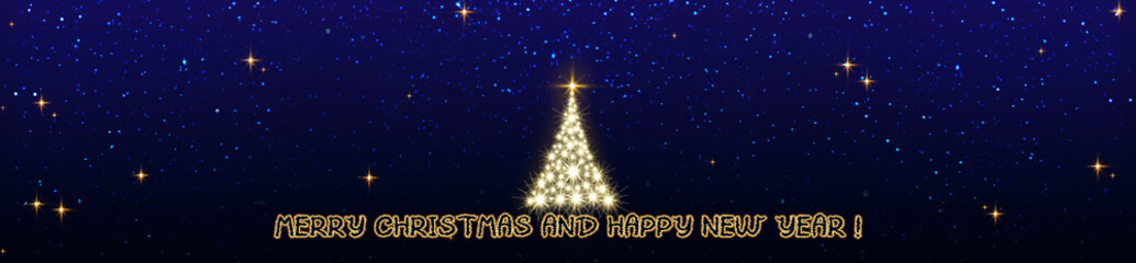 Merry Christmas text on blue sky background and golden fir tree .