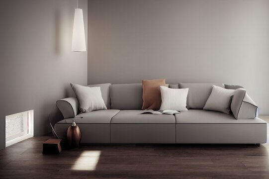 Minimalist interior design,light gray sofa with lamp on gray wall and hardwood flooring , 3d render